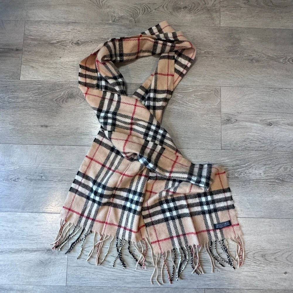Foxford Ireland 100% Lambswool Plaid Scarf Tan Black Red Fringed Made in Ireland